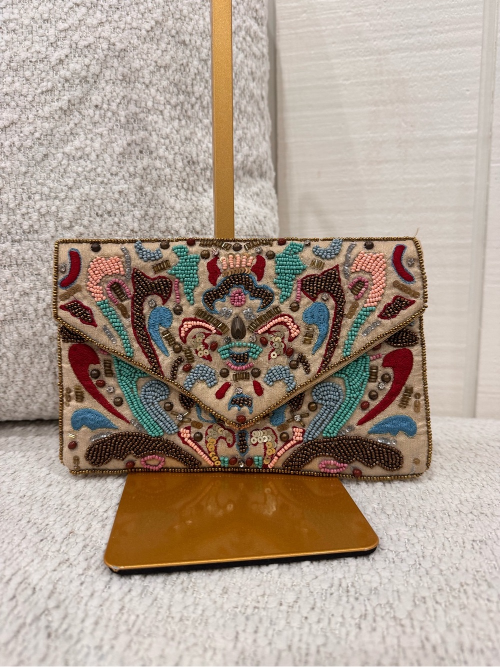 Djula Paris Beaded Multicolor Embroidered Envelope Clutch